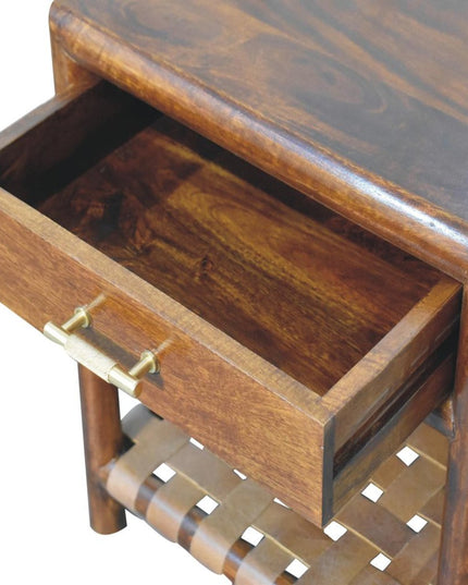 20" Chestnut Solid Wood One Drawer Nightstand With Leather Shelf