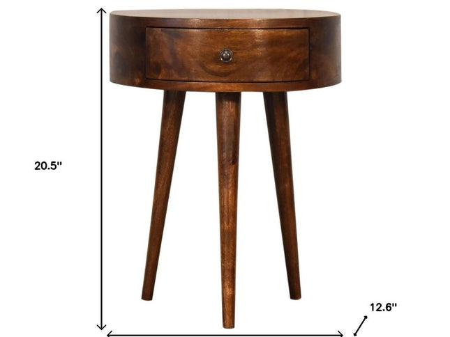 21" Brown Solid Wood Round One Drawer Nightstand