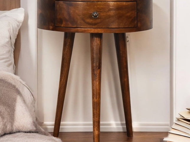 21" Brown Solid Wood Round One Drawer Nightstand