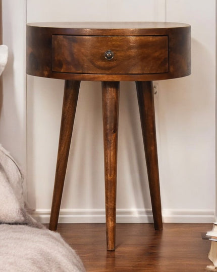 21" Brown Solid Wood Round One Drawer Nightstand