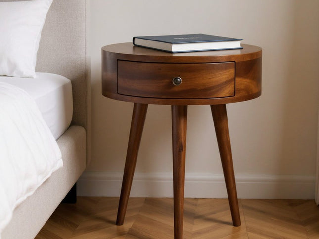 21" Brown Solid Wood Round One Drawer Nightstand