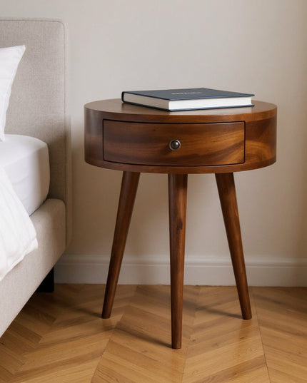 21" Brown Solid Wood Round One Drawer Nightstand