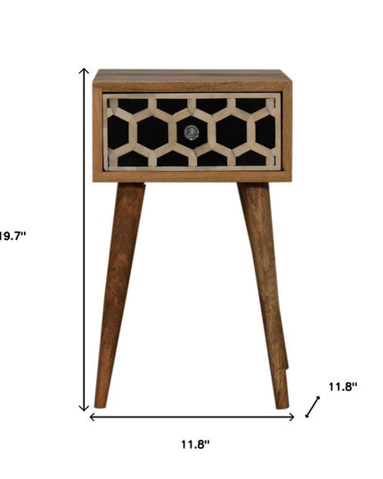 20" Black White And Brown Solid Wood Geometric Bone Inlay One Drawer Nightstand