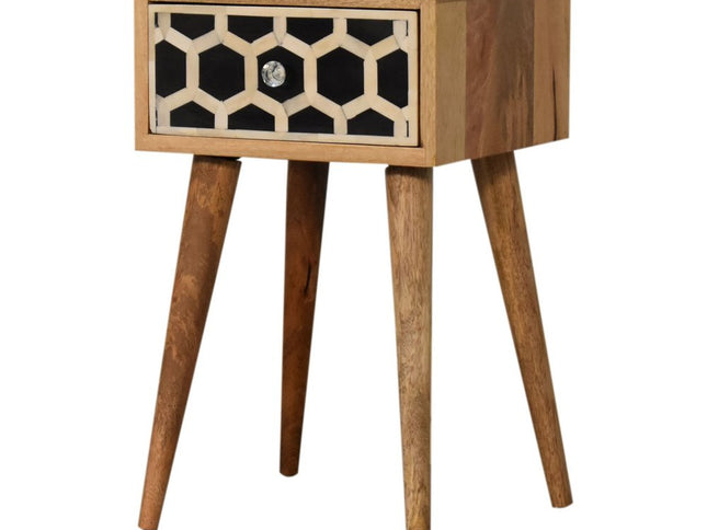 20" Black White And Brown Solid Wood Geometric Bone Inlay One Drawer Nightstand