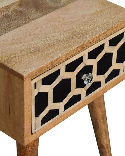 20" Black White And Brown Solid Wood Geometric Bone Inlay One Drawer Nightstand