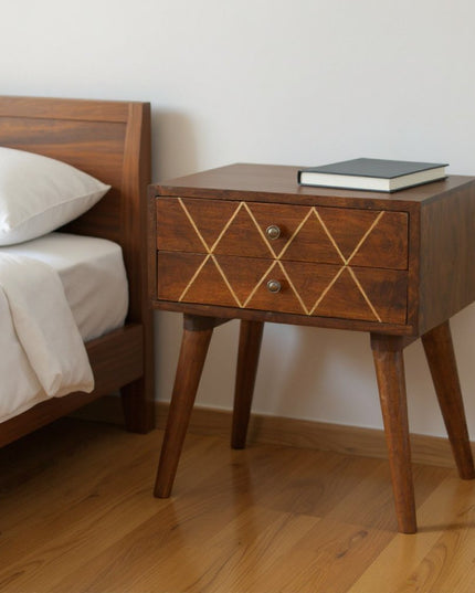 22" Chestnut Solid Wood Geometric Brass Inlay Two Drawer Nightstand