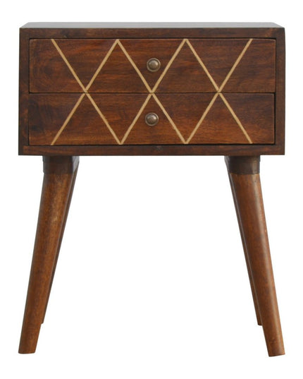 22" Chestnut Solid Wood Geometric Brass Inlay Two Drawer Nightstand