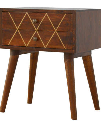 22" Chestnut Solid Wood Geometric Brass Inlay Two Drawer Nightstand