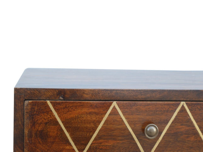 22" Chestnut Solid Wood Geometric Brass Inlay Two Drawer Nightstand