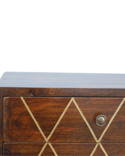 22" Chestnut Solid Wood Geometric Brass Inlay Two Drawer Nightstand