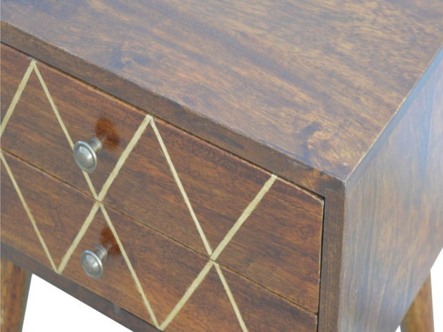 22" Chestnut Solid Wood Geometric Brass Inlay Two Drawer Nightstand