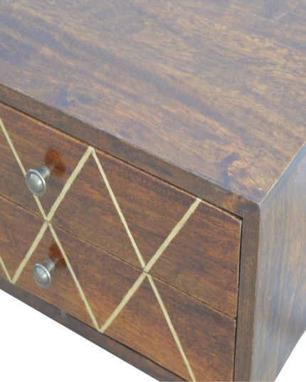 22" Chestnut Solid Wood Geometric Brass Inlay Two Drawer Nightstand