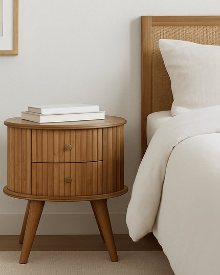 20" Natural Solid Wood Oval Ribbed Texture Two Drawer Nightstand