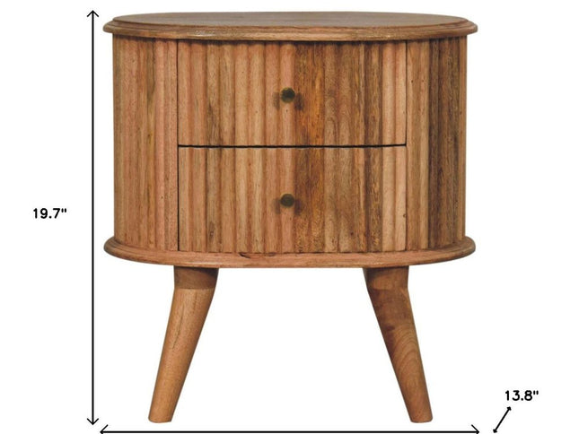 20" Natural Solid Wood Oval Ribbed Texture Two Drawer Nightstand