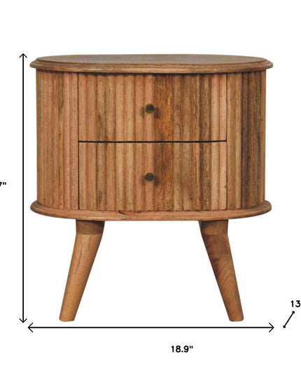 20" Natural Solid Wood Oval Ribbed Texture Two Drawer Nightstand