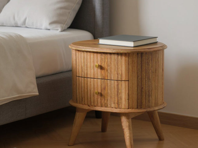 20" Natural Solid Wood Oval Ribbed Texture Two Drawer Nightstand