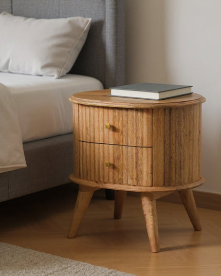 20" Natural Solid Wood Oval Ribbed Texture Two Drawer Nightstand