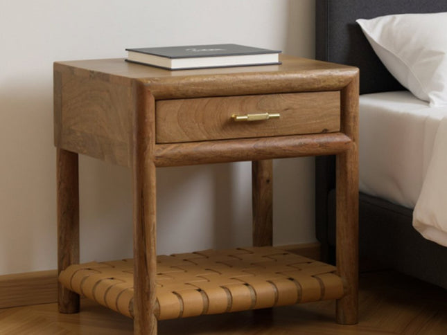 20" Light Brown Solid Wood One Drawer Nightstand With Leather Shelf