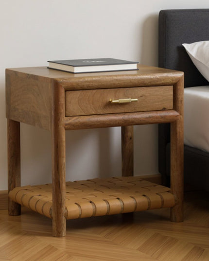 20" Light Brown Solid Wood One Drawer Nightstand With Leather Shelf