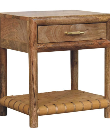 20" Light Brown Solid Wood One Drawer Nightstand With Leather Shelf