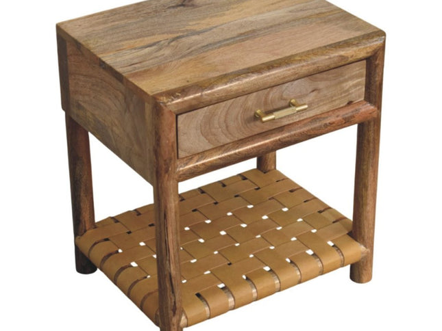 20" Light Brown Solid Wood One Drawer Nightstand With Leather Shelf
