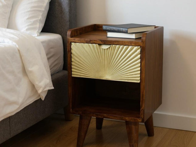 20" Chestnut And Gold Solid Wood Carved Geometric One Drawer Nightstand