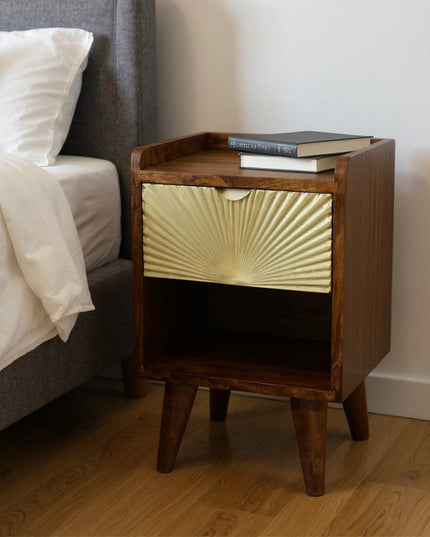 20" Chestnut And Gold Solid Wood Carved Geometric One Drawer Nightstand