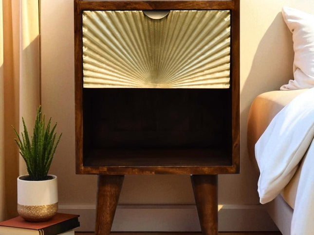 20" Chestnut And Gold Solid Wood Carved Geometric One Drawer Nightstand