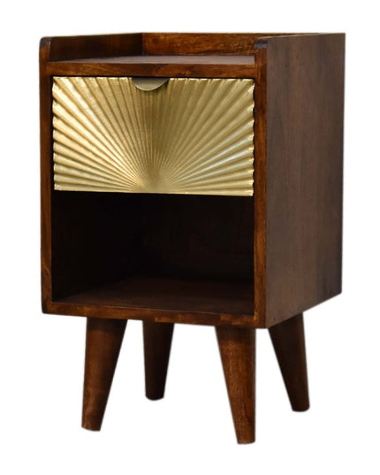 20" Chestnut And Gold Solid Wood Carved Geometric One Drawer Nightstand