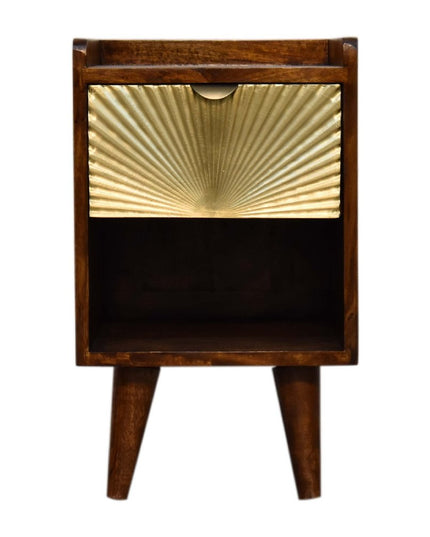 20" Chestnut And Gold Solid Wood Carved Geometric One Drawer Nightstand