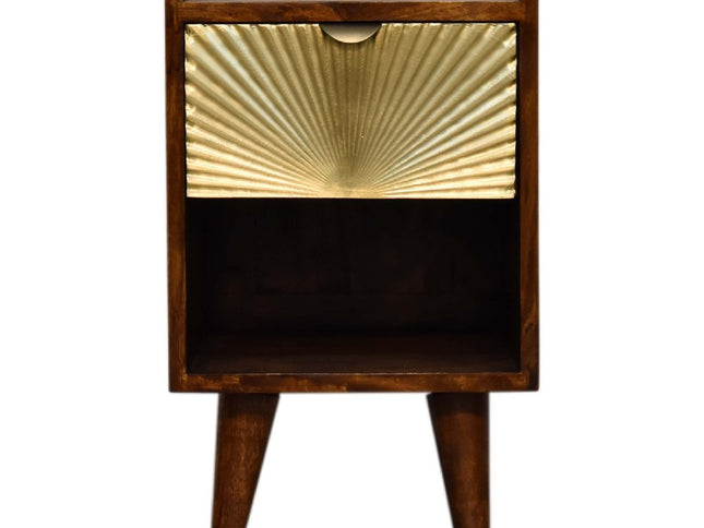 20" Chestnut And Gold Solid Wood Carved Geometric One Drawer Nightstand