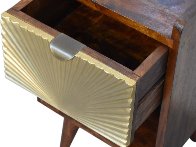 20" Chestnut And Gold Solid Wood Carved Geometric One Drawer Nightstand