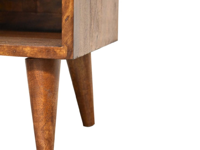 20" Chestnut And Gold Solid Wood Carved Geometric One Drawer Nightstand