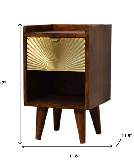 20" Chestnut And Gold Solid Wood Carved Geometric One Drawer Nightstand