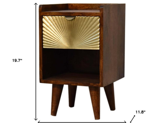 20" Chestnut And Gold Solid Wood Carved Geometric One Drawer Nightstand