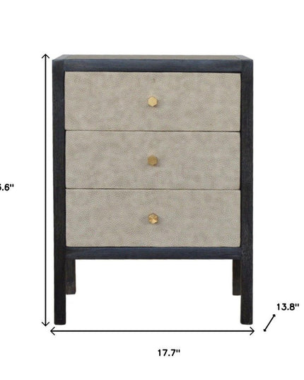 24" Gray And Black Solid Wood And Faux Shagreen Three Drawer Nightstand