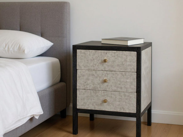 24" Gray And Black Solid Wood And Faux Shagreen Three Drawer Nightstand