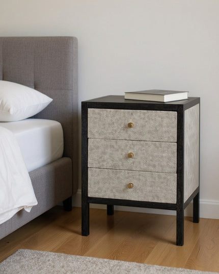 24" Gray And Black Solid Wood And Faux Shagreen Three Drawer Nightstand