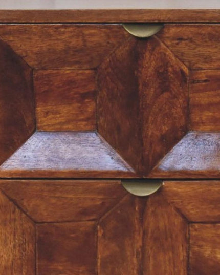 24" Chestnut Solid Wood Square Carved Geometric Two Drawer Nightstand