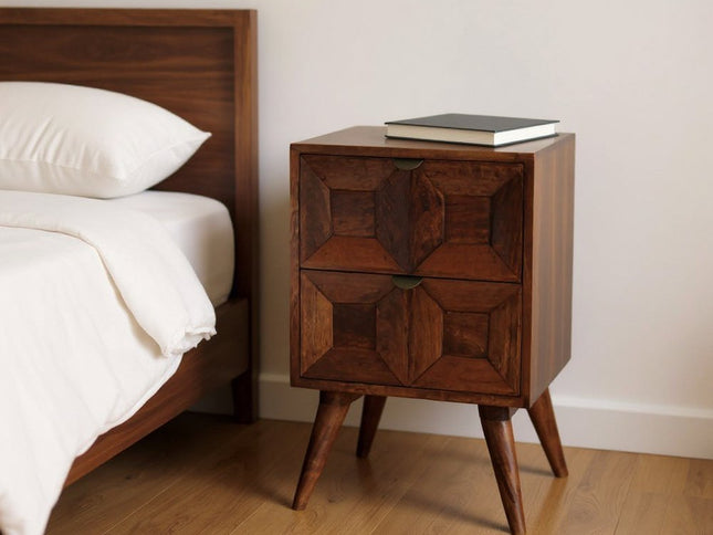 24" Chestnut Solid Wood Square Carved Geometric Two Drawer Nightstand