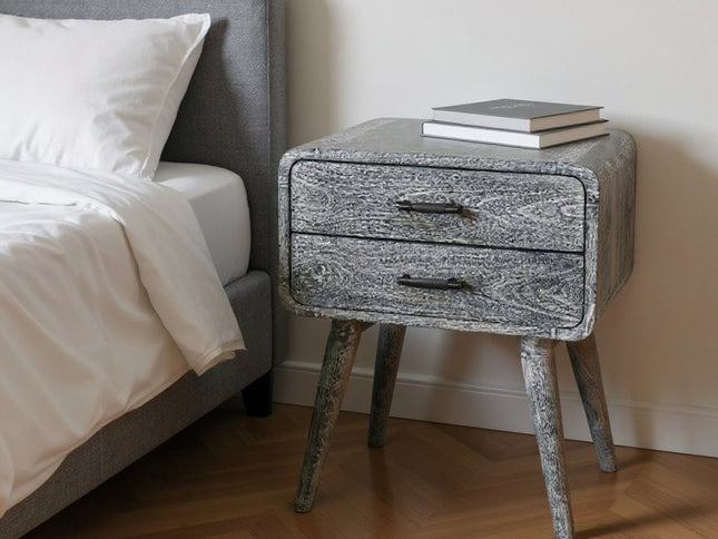 22" Gray Solid Wood Distressed Two Drawer Nightstand