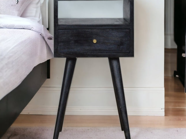 22" Black Solid Wood Square One Drawer Nightstand