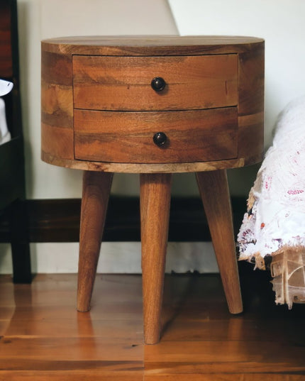 20" Brown And Oak Solid Wood Oval Two Drawer Nightstand