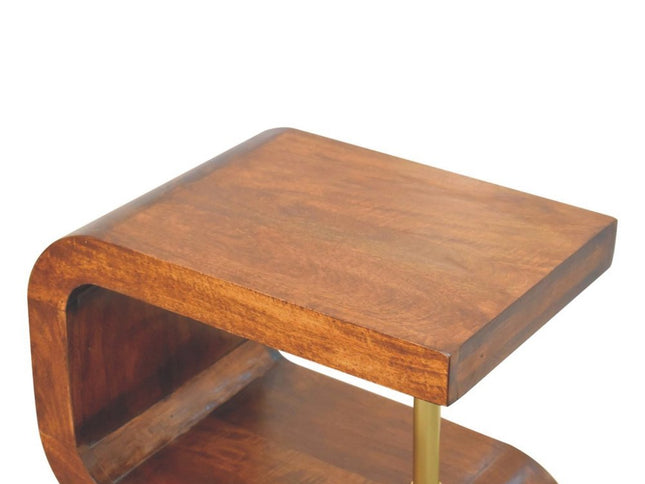 24" Chestnut And Gold Solid Wood Curved Nightstand