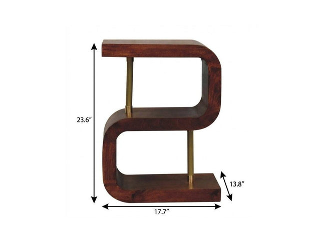 24" Chestnut And Gold Solid Wood Curved Nightstand