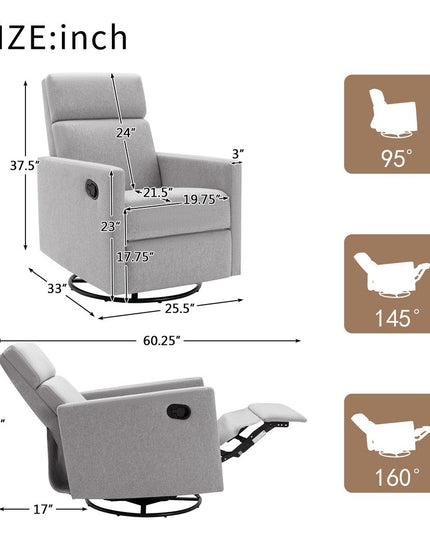 26" Gray Tufted Linen Gliding Swivel Manual Rocker Recliner