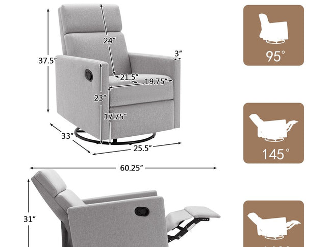 26" Gray Tufted Linen Gliding Swivel Manual Rocker Recliner