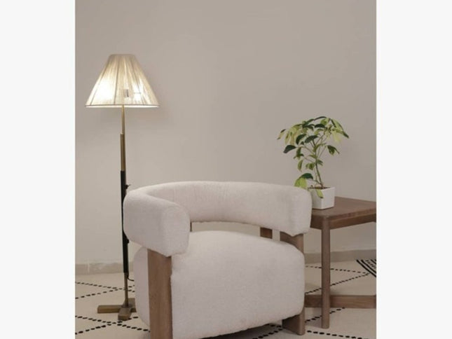 31" White and Brown Boucle and Solid Wood Arm Chair