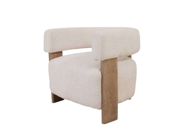 31" White and Brown Boucle and Solid Wood Arm Chair