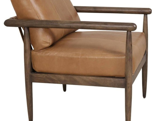 28" Brown Genuine Leather and Solid Wood Arm Chair